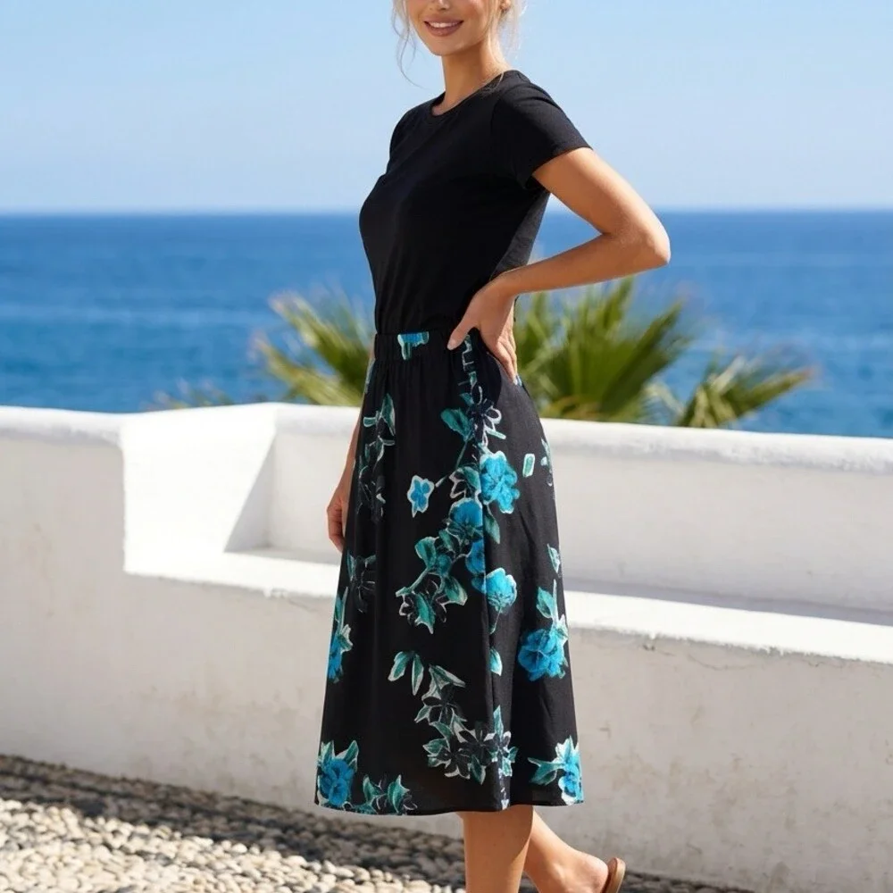 The Kooples Skirt Womens Size S Black Blue Floral Pleated Midi 90s Kick